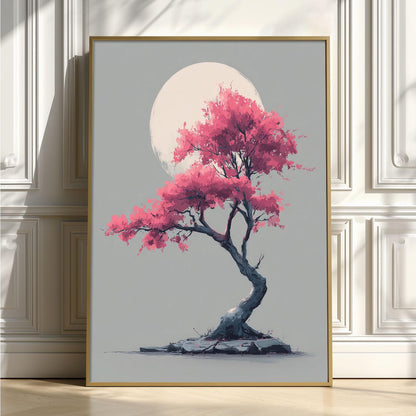 Cherry Blossom Art Print, Pink Moon Wall Art, Japanese Tree Poster, Minimal Japandi Decor