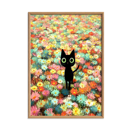 Black Cat Flower Poster Print, Whimsical Animal Wall Art, Colourful Floral Print, Nursery Decor