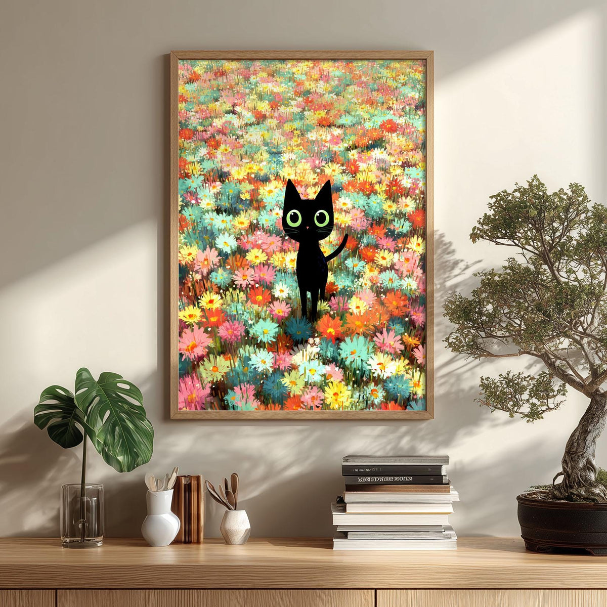 Black Cat Flower Poster Print, Whimsical Animal Wall Art, Colourful Floral Print, Nursery Decor