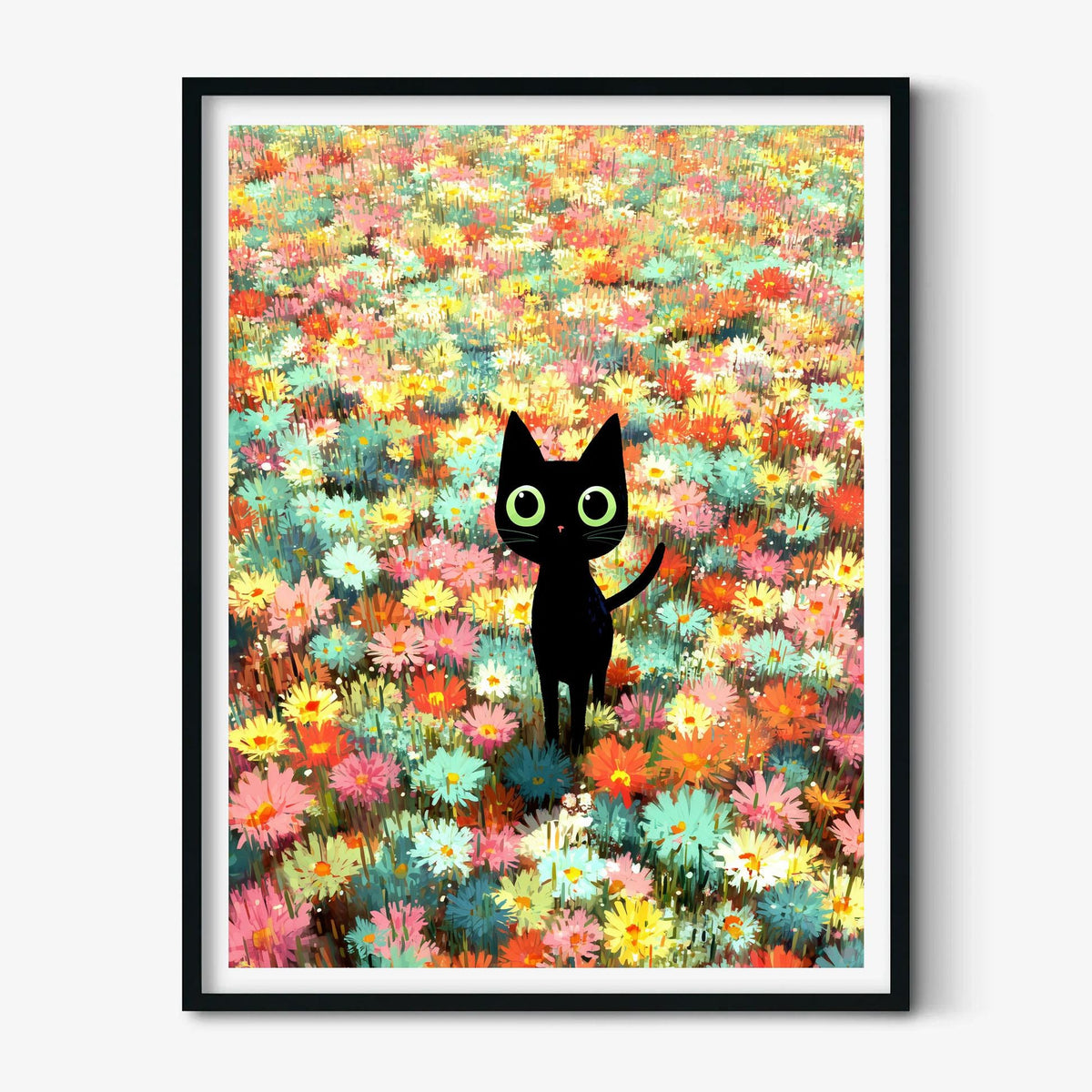 Black Cat Flower Poster Print, Whimsical Animal Wall Art, Colourful Floral Print, Nursery Decor