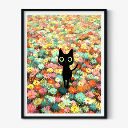 Black Cat Flower Poster Print, Whimsical Animal Wall Art, Colourful Floral Print, Nursery Decor