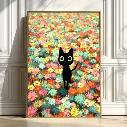 Black Cat Flower Poster Print, Whimsical Animal Wall Art, Colourful Floral Print, Nursery Decor