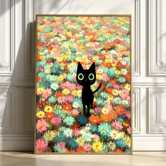 Black Cat Flower Poster Print, Whimsical Animal Wall Art, Colourful Floral Print, Nursery Decor