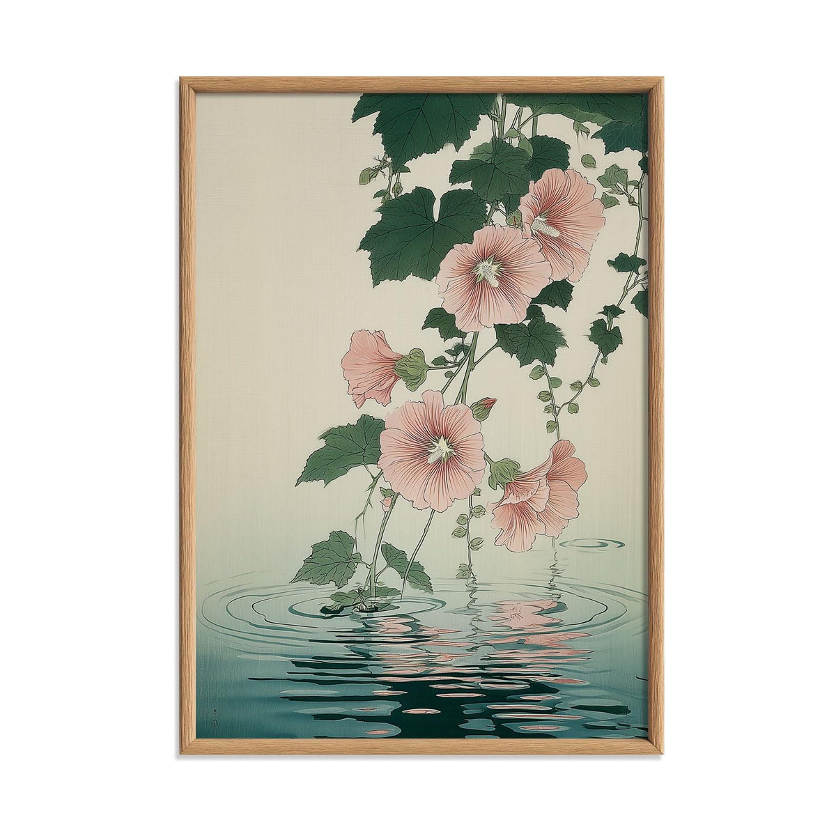 Hollyhock Poster, Japanese Botanical Flower Wall Art, Pink Floral Water Reflection Decor