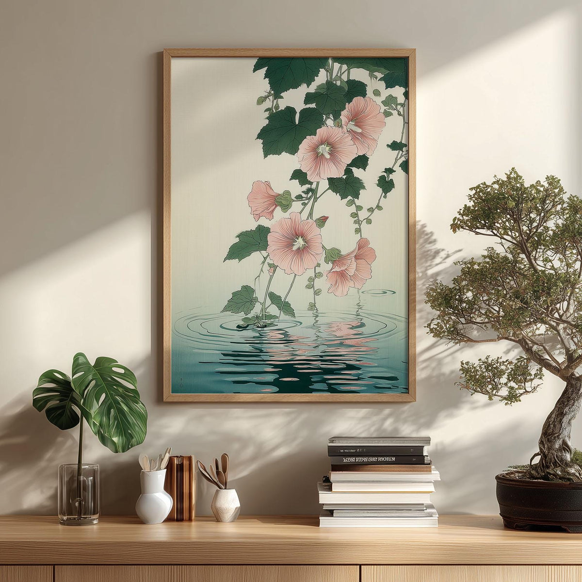 Hollyhock Poster, Japanese Botanical Flower Wall Art, Pink Floral Water Reflection Decor