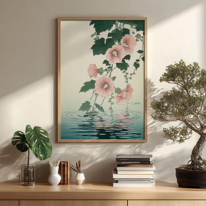 Hollyhock Poster, Japanese Botanical Flower Wall Art, Pink Floral Water Reflection Decor