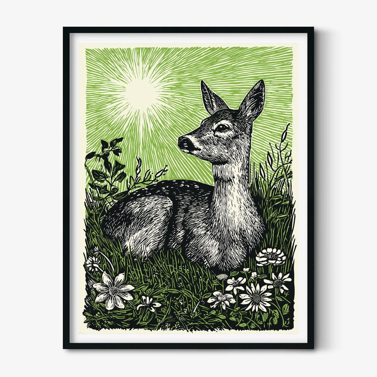 Deer Poster Print, Green Linocut Woodland Wall Art, Rustic Forest Animal Decor