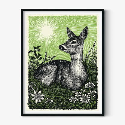 Deer Poster Print, Green Linocut Woodland Wall Art, Rustic Forest Animal Decor