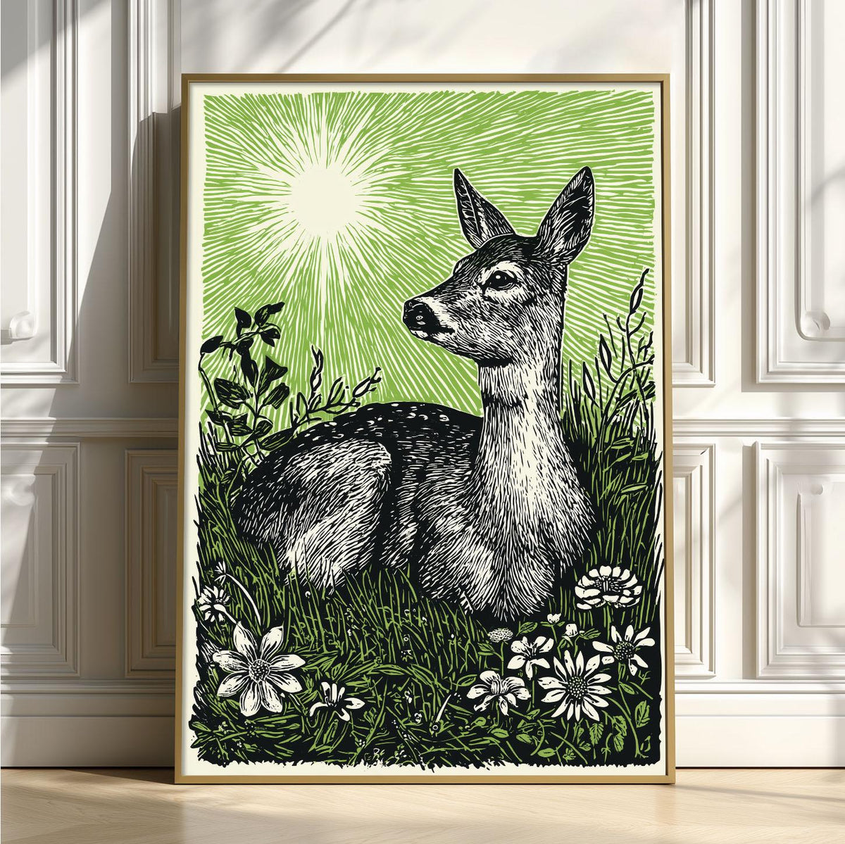 Deer Poster Print, Green Linocut Woodland Wall Art, Rustic Forest Animal Decor