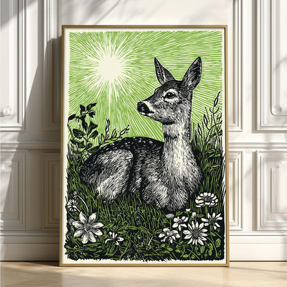 Deer Poster Print, Green Linocut Woodland Wall Art, Rustic Forest Animal Decor