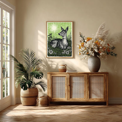Deer Poster Print, Green Linocut Woodland Wall Art, Rustic Forest Animal Decor