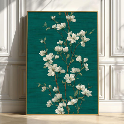 White Blossom Wall Art Print, Emerald Green Botanical Poster, Elegant Floral Decor