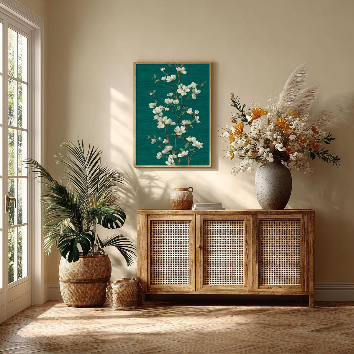 White Blossom Wall Art Print, Emerald Green Botanical Poster, Elegant Floral Decor