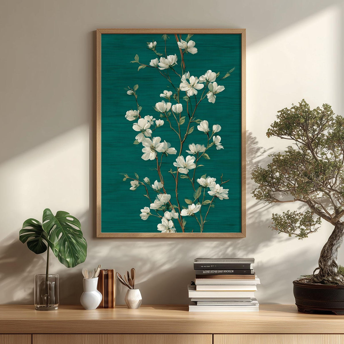 White Blossom Wall Art Print, Emerald Green Botanical Poster, Elegant Floral Decor