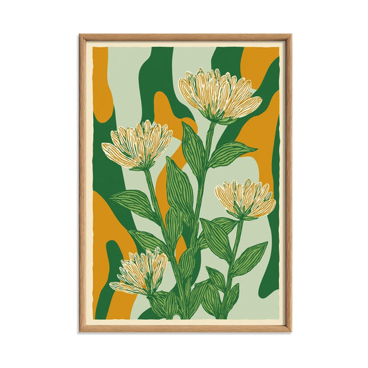 Floral Poster Print, Green Linocut Botanical Wall Art, Mustard Abstract Flower Decor