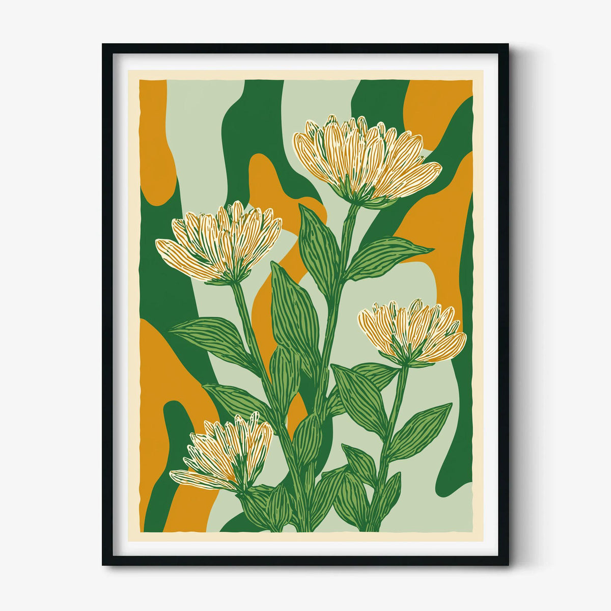 Floral Poster Print, Green Linocut Botanical Wall Art, Mustard Abstract Flower Decor