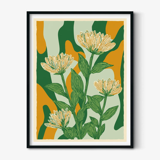 Floral Poster Print, Green Linocut Botanical Wall Art, Mustard Abstract Flower Decor