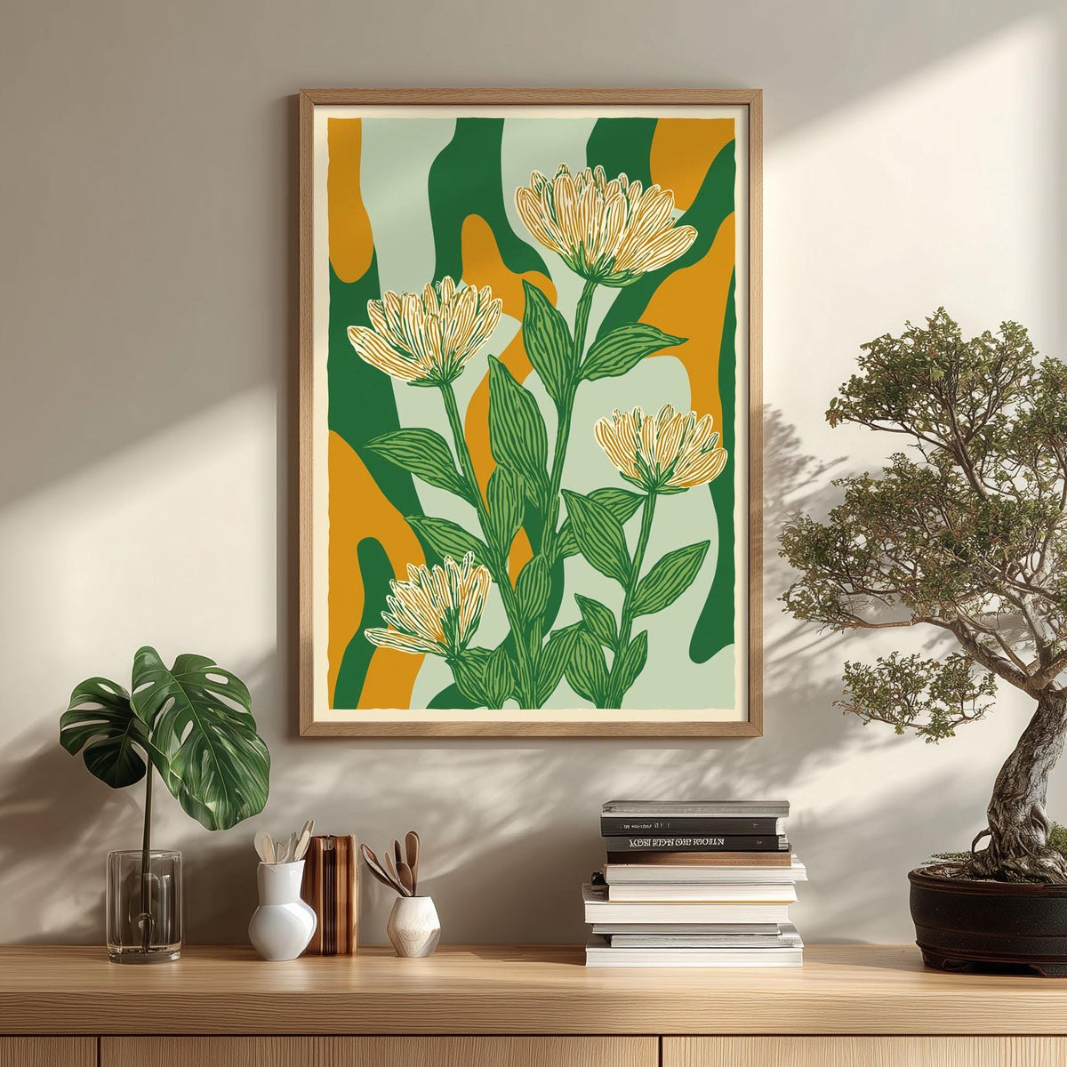 Floral Poster Print, Green Linocut Botanical Wall Art, Mustard Abstract Flower Decor