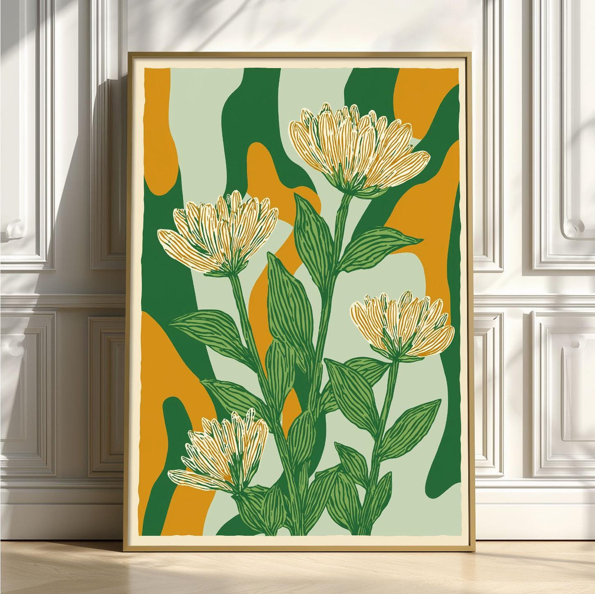 Floral Poster Print, Green Linocut Botanical Wall Art, Mustard Abstract Flower Decor