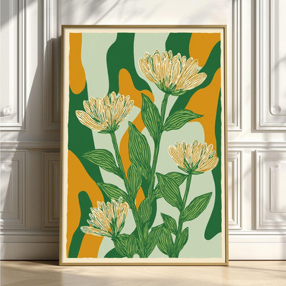 Floral Poster Print, Green Linocut Botanical Wall Art, Mustard Abstract Flower Decor
