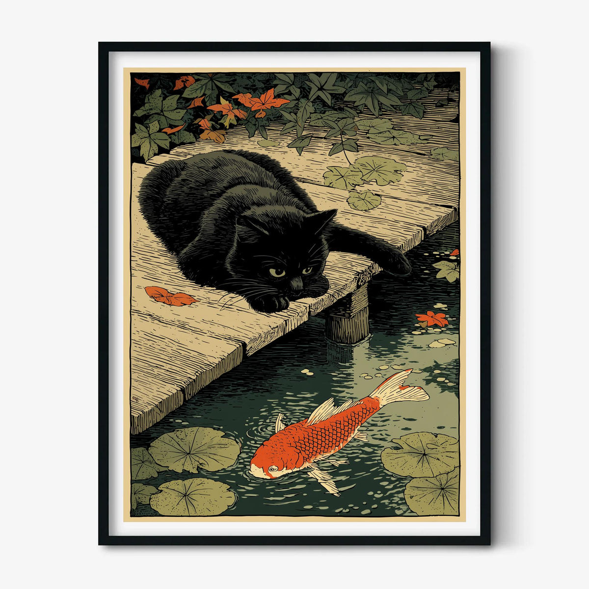 Black Cat Koi Pond Art Print, Japanese Folk Animal Wall Art, Whimsical Garden Decor