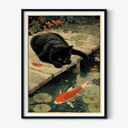 Black Cat Koi Pond Art Print, Japanese Folk Animal Wall Art, Whimsical Garden Decor