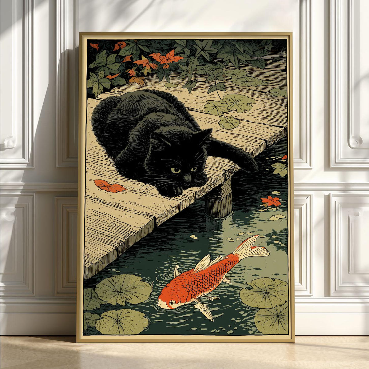 Black Cat Koi Pond Art Print, Japanese Folk Animal Wall Art, Whimsical Garden Decor
