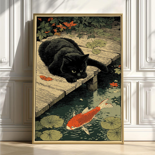 Black Cat Koi Pond Art Print, Japanese Folk Animal Wall Art, Whimsical Garden Decor