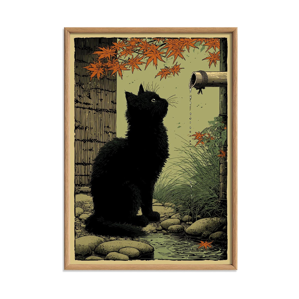 Black Cat Garden Print, Japanese Folk Wall Art, Autumn Maple Cat Decor