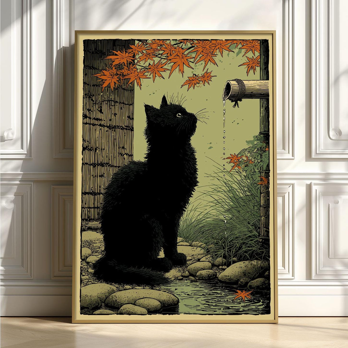 Black Cat Garden Print, Japanese Folk Wall Art, Autumn Maple Cat Decor