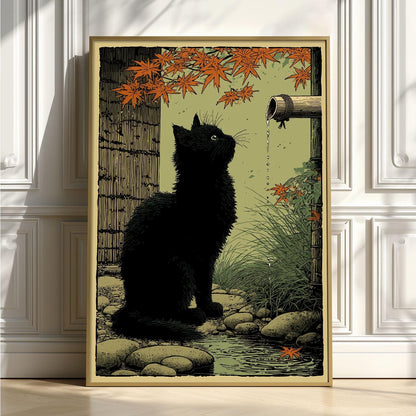 Black Cat Garden Print, Japanese Folk Wall Art, Autumn Maple Cat Decor