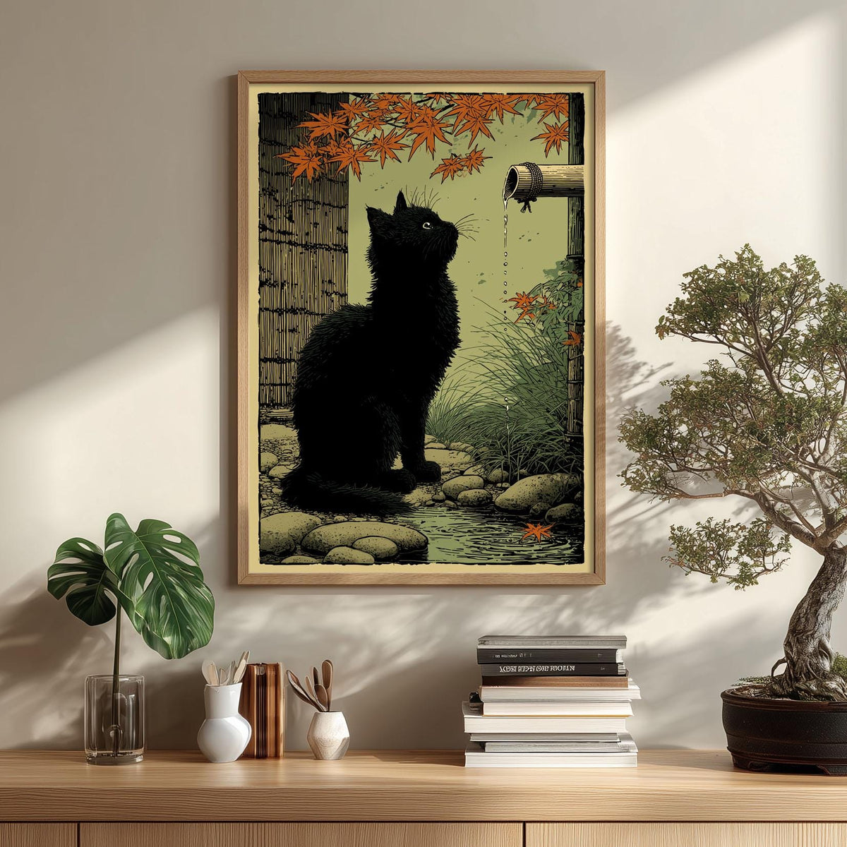 Black Cat Garden Print, Japanese Folk Wall Art, Autumn Maple Cat Decor