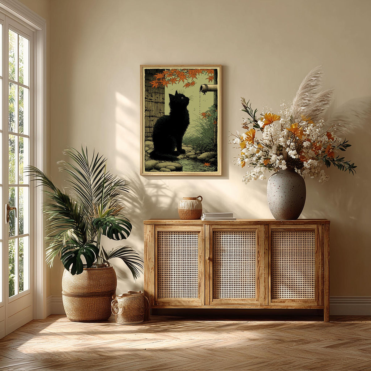 Black Cat Garden Print, Japanese Folk Wall Art, Autumn Maple Cat Decor