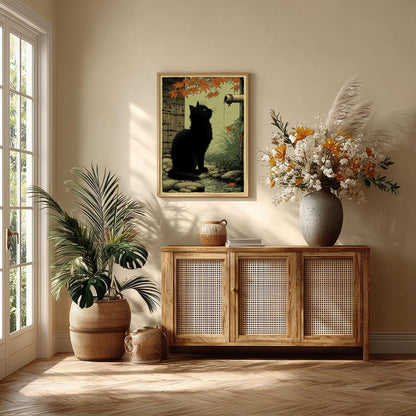 Black Cat Garden Print, Japanese Folk Wall Art, Autumn Maple Cat Decor