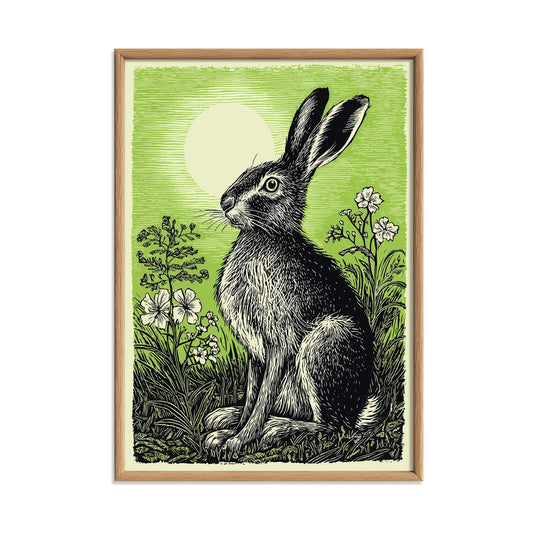 Rabbit Poster, Green Linocut Woodland Wall Art, Cottagecore Animal Decor