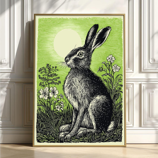 Rabbit Poster, Green Linocut Woodland Wall Art, Cottagecore Animal Decor