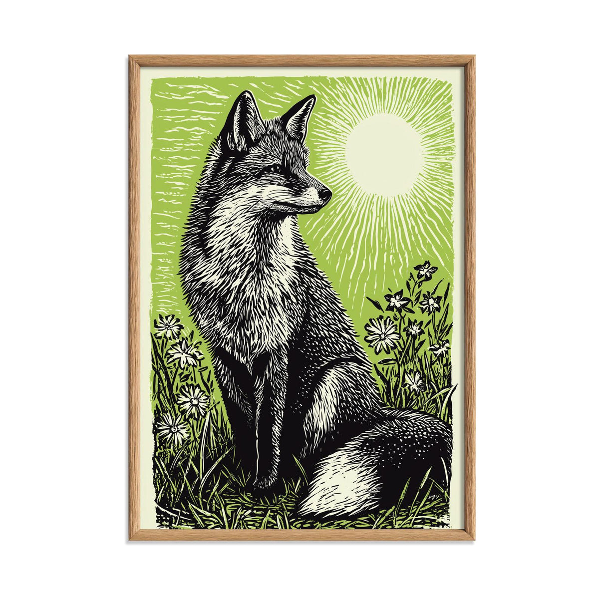 Fox Poster Print, Green Linocut Woodland Wall Art, Rustic Forest Animal Decor