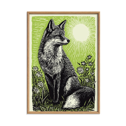 Fox Poster Print, Green Linocut Woodland Wall Art, Rustic Forest Animal Decor