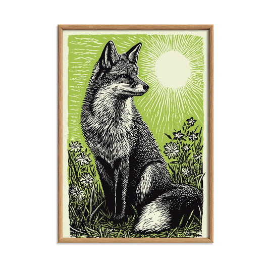 Fox Poster Print, Green Linocut Woodland Wall Art, Rustic Forest Animal Decor