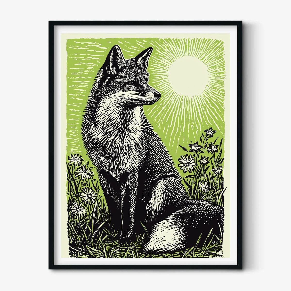 Fox Poster Print, Green Linocut Woodland Wall Art, Rustic Forest Animal Decor