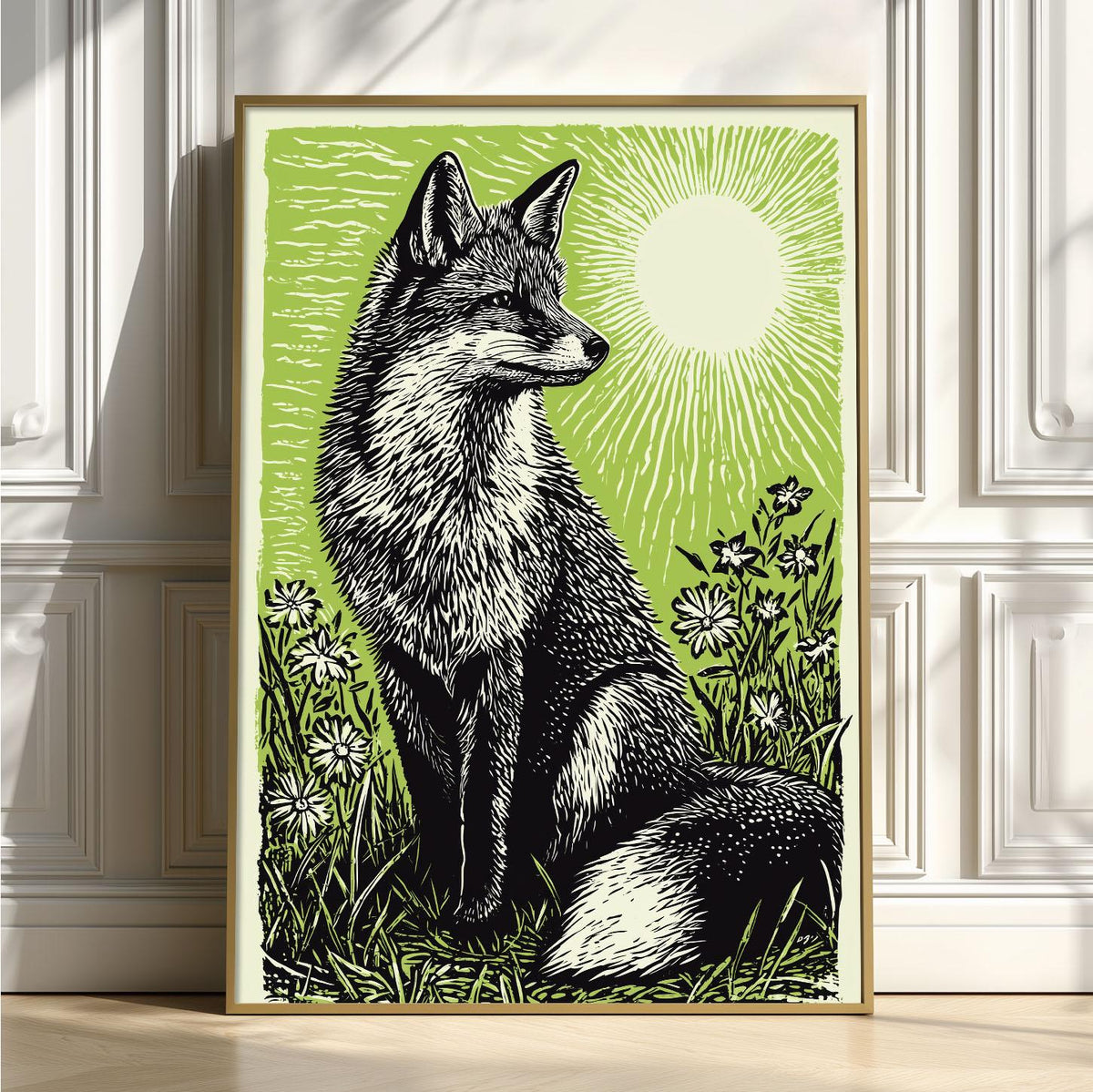 Fox Poster Print, Green Linocut Woodland Wall Art, Rustic Forest Animal Decor