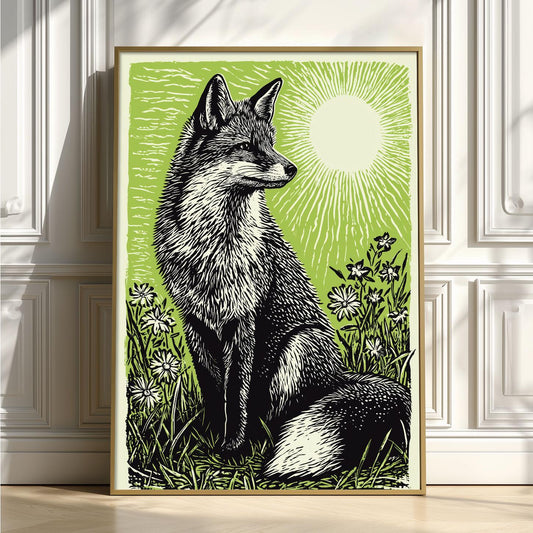 Fox Poster Print, Green Linocut Woodland Wall Art, Rustic Forest Animal Decor