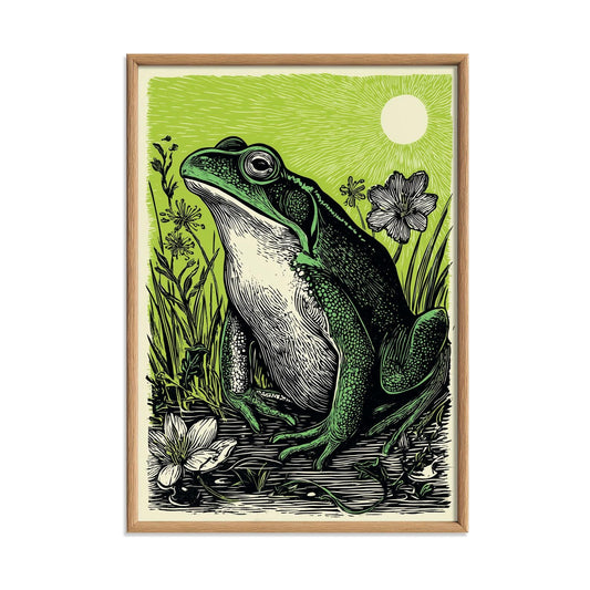 Frog Art Print, Green Linocut Pond Wall Art, Rustic Woodland Animal Decor