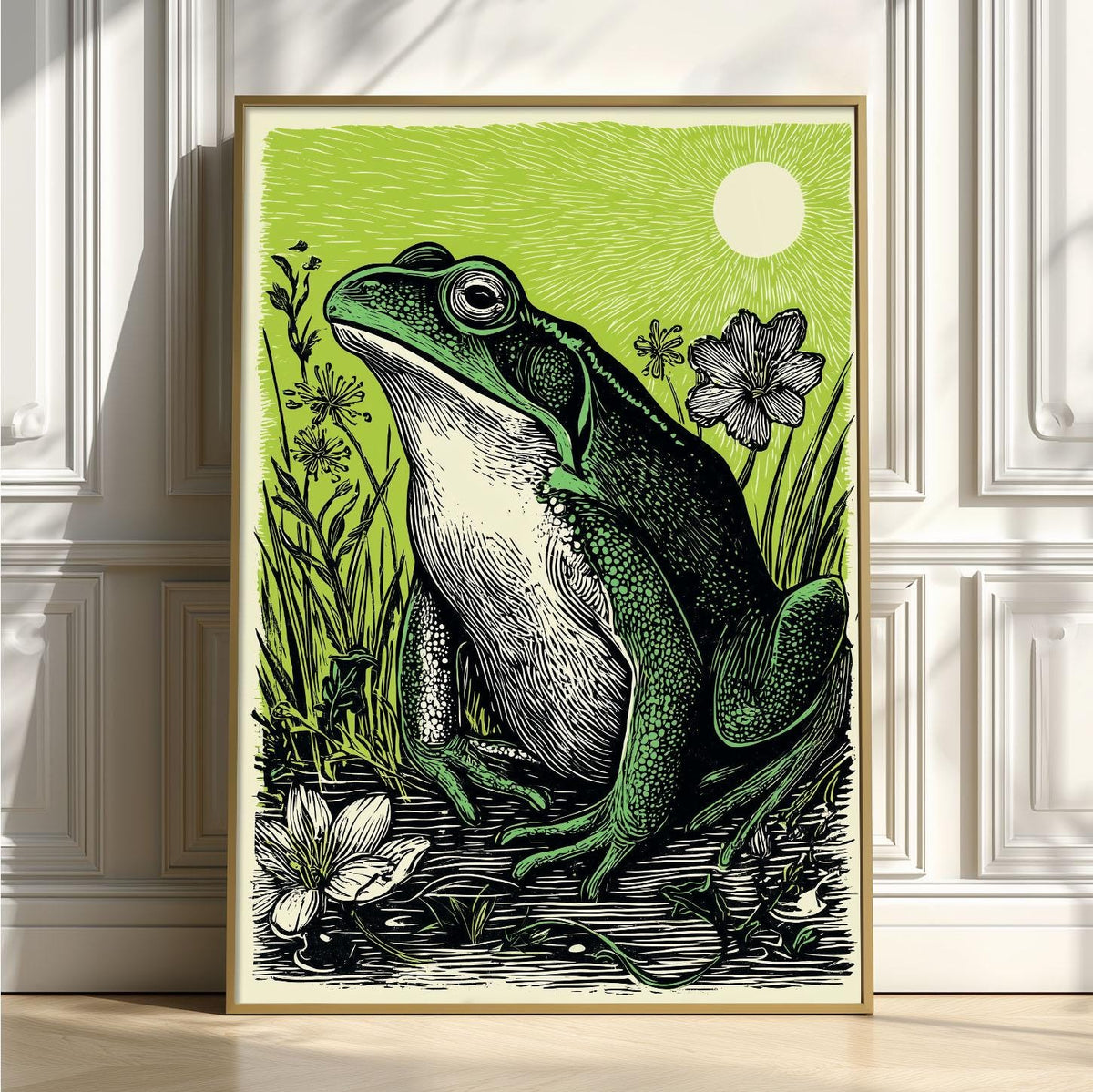 Frog Art Print, Green Linocut Pond Wall Art, Rustic Woodland Animal Decor