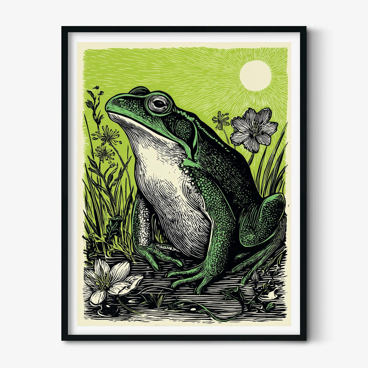 Frog Art Print, Green Linocut Pond Wall Art, Rustic Woodland Animal Decor