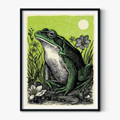 Frog Art Print, Green Linocut Pond Wall Art, Rustic Woodland Animal Decor