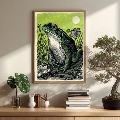 Frog Art Print, Green Linocut Pond Wall Art, Rustic Woodland Animal Decor