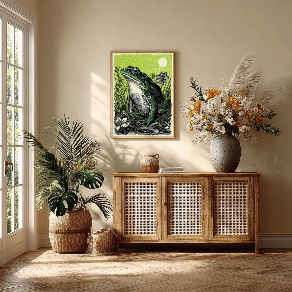 Frog Art Print, Green Linocut Pond Wall Art, Rustic Woodland Animal Decor
