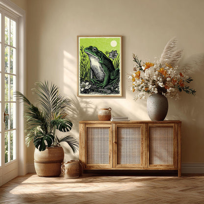 Frog Art Print, Green Linocut Pond Wall Art, Rustic Woodland Animal Decor