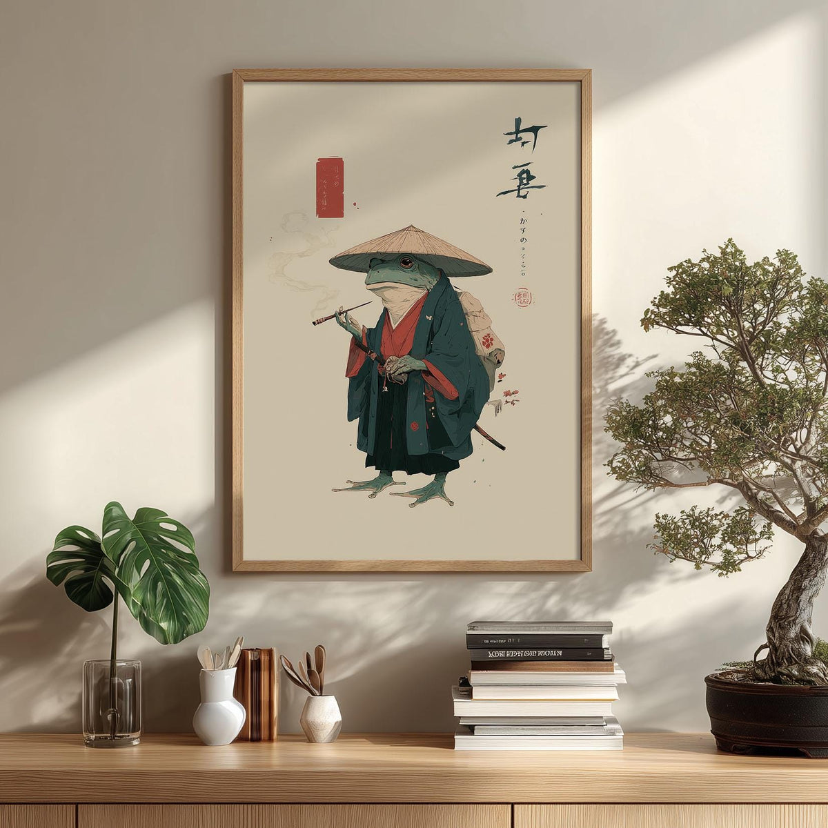 Samurai Frog Wall Art Print, Japanese Minimalist Animal Poster, Funny Smoking Frog Decor